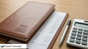 Portadocumenti in pelle con estratto conto, penna e calcolatrice su una scrivania in legno