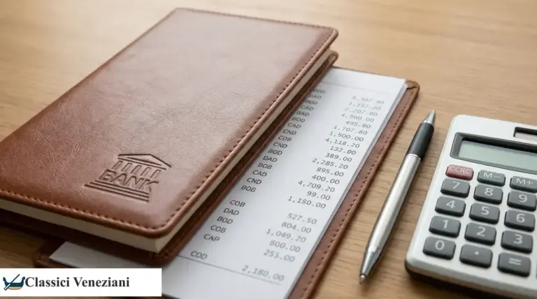 Portadocumenti in pelle con estratto conto, penna e calcolatrice su una scrivania in legno