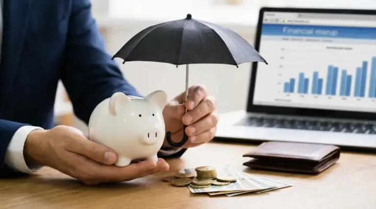 Persona che protegge un salvadanaio con un ombrello, con monete e banconote su una scrivania e grafici sul laptop