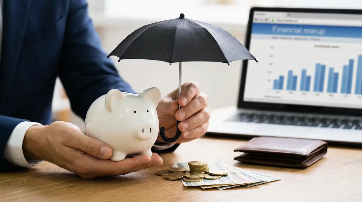 Persona che protegge un salvadanaio con un ombrello, con monete e banconote su una scrivania e grafici sul laptop