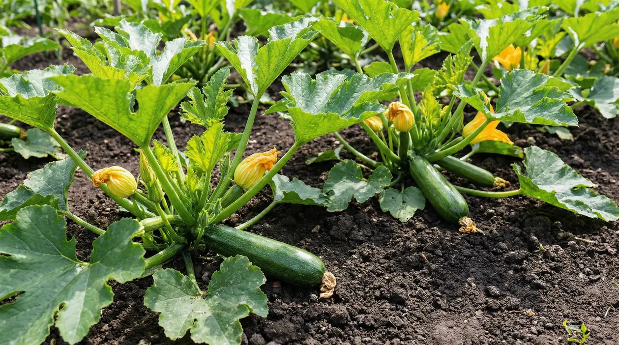 Piante di zucchine nell’orto con fiori gialli e frutti verdi in crescita su terreno scuro