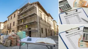 Palazzo con ponteggi per rifacimento facciata e documenti di ripartizione spese con calcolatrice e banconote