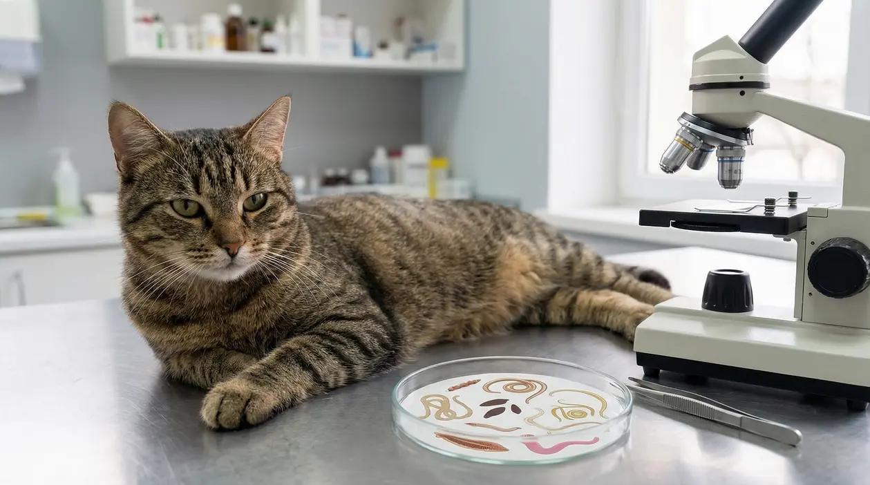 Gatto tigrato su un tavolo in clinica veterinaria accanto a microscopio e piastra con parassiti intestinali