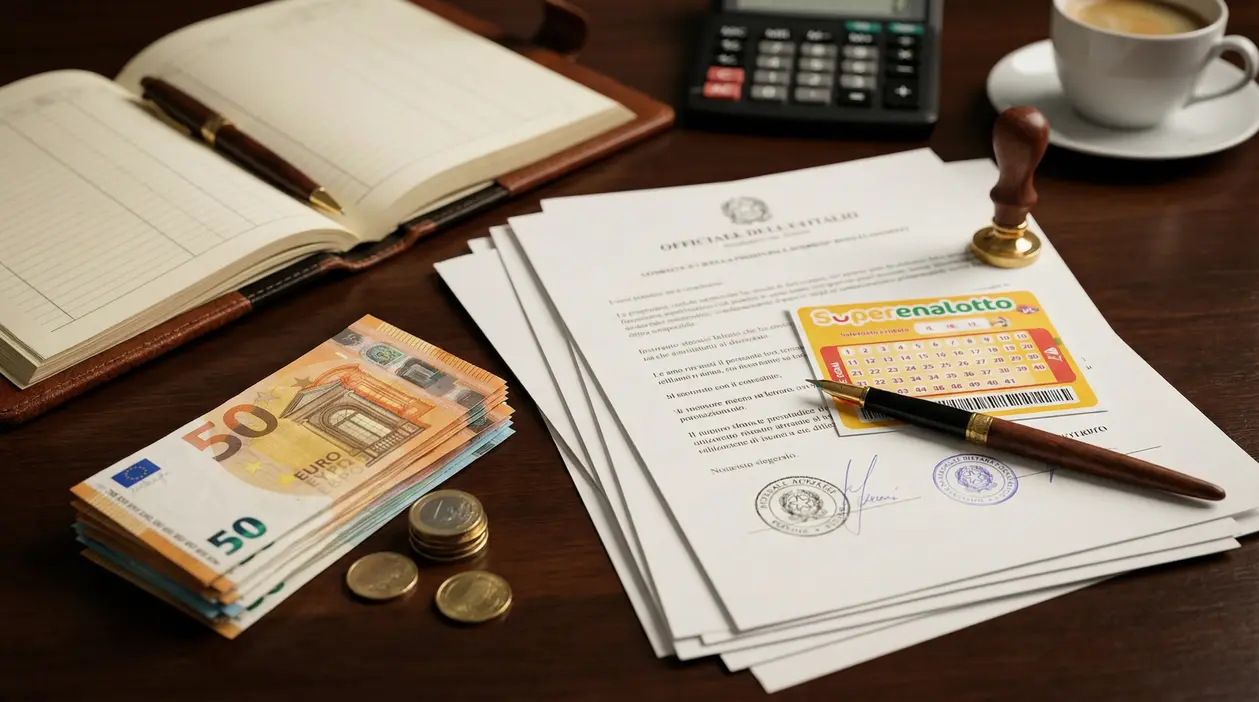 Documenti con timbro e firma, schedina Superenalotto, contanti in euro, calcolatrice e penna su scrivania