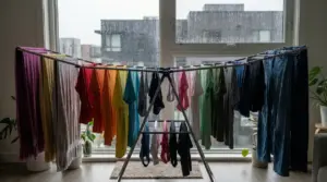 Bucato steso su stendino in casa davanti a una finestra con pioggia, per asciugare i vestiti velocemente senza odori