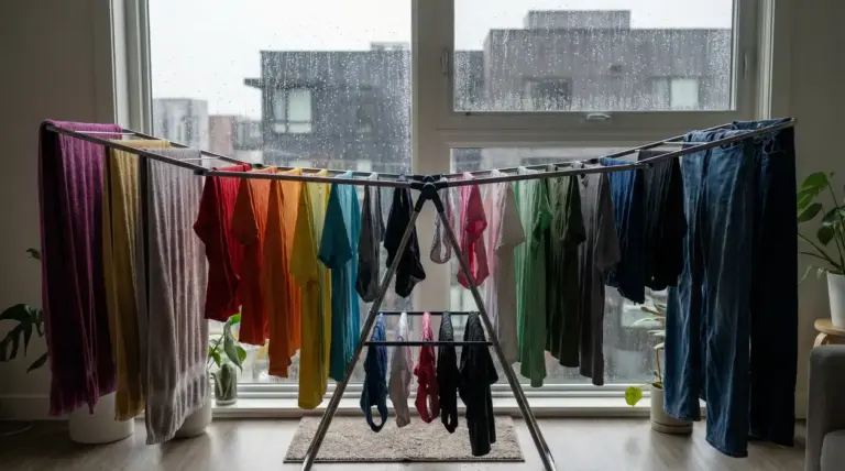 Bucato steso su stendino in casa davanti a una finestra con pioggia, per asciugare i vestiti velocemente senza odori