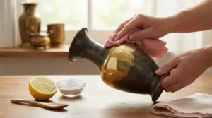 Mani che lucidano un vaso in ottone ossidato con un panno, con limone e bicarbonato sul tavolo