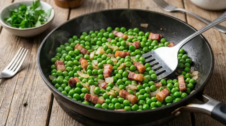 Piselli in padella con cipolla e cubetti di pancetta, cottura rapida per mantenerli sodi e verdi