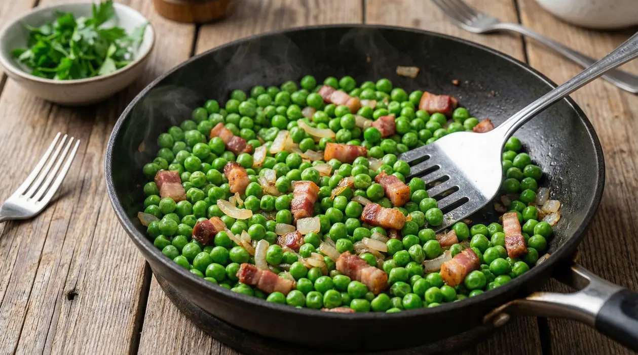 Piselli in padella con cipolla e cubetti di pancetta, cottura rapida per mantenerli sodi e verdi