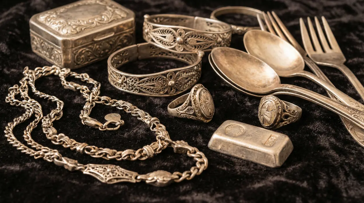 Gioielli e oggetti d’argento vintage su tessuto scuro: bracciali, anelli, catena, posate e piccoli lingotti