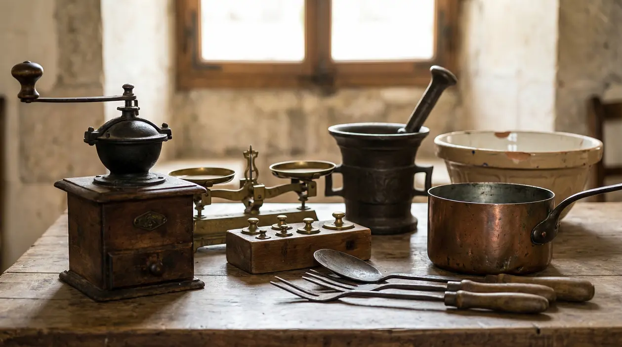 Oggetti da cucina d’epoca su un tavolo: macinacaffè manuale, bilancia, mortaio, casseruola in rame e utensili