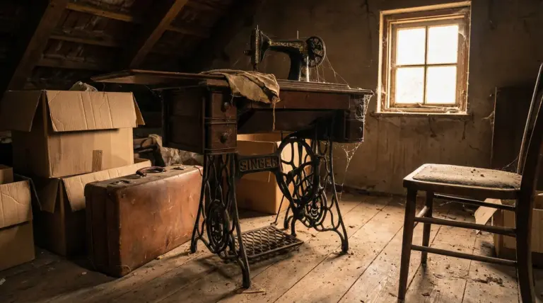 Macchina da cucire Singer d’epoca su mobile in legno, impolverata in una soffitta con scatole e valigia