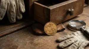 Vecchia sterlina d’oro su tavolo di legno accanto a cassetto aperto, guanti da lavoro e lente d’ingrandimento