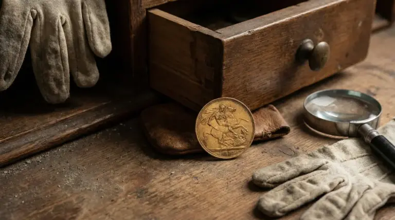 Vecchia sterlina d’oro su tavolo di legno accanto a cassetto aperto, guanti da lavoro e lente d’ingrandimento