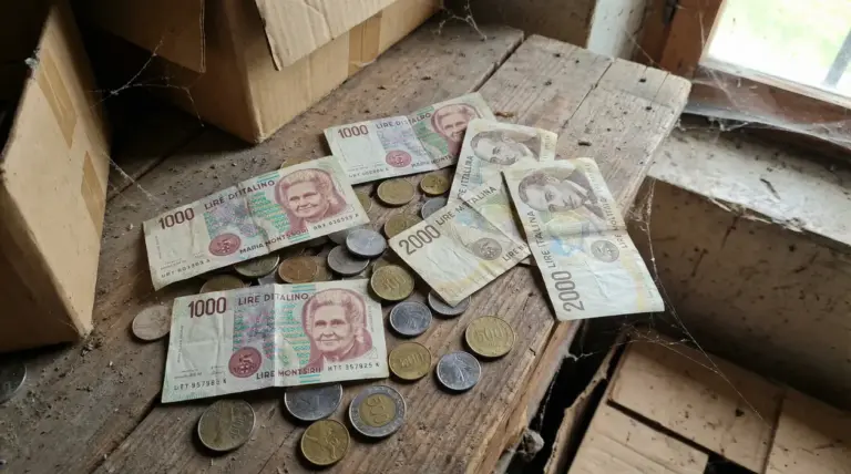 Vecchie banconote e monete in lire italiane su un tavolo polveroso in soffitta, accanto a scatole di cartone