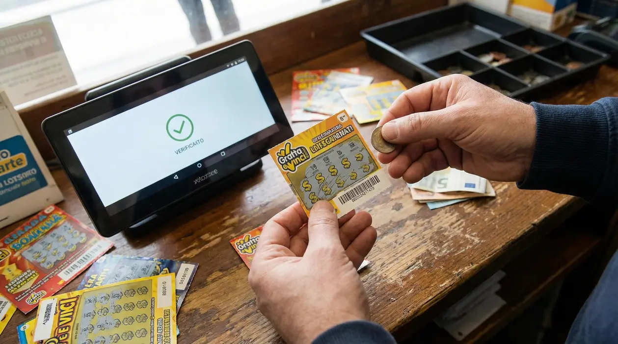 Mani che controllano un gratta e vinci con una monetina accanto a un lettore di verifica in tabaccheria