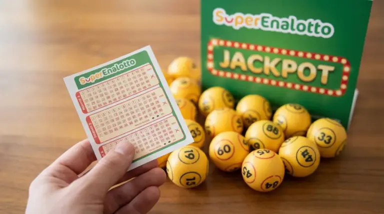 Mano che tiene una schedina del SuperEnalotto accanto a palline numerate e cartello del jackpot
